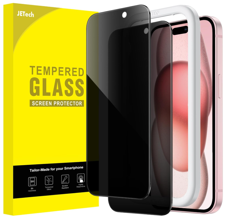 JETech Full Screen Sichtschutz für iPhone 15, Anti-Spy, gehärtetes Glas (2 Stück)